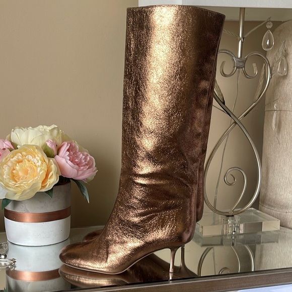 Zara Woman Metallic Kitten Heel Knee Boots Gold Bronze